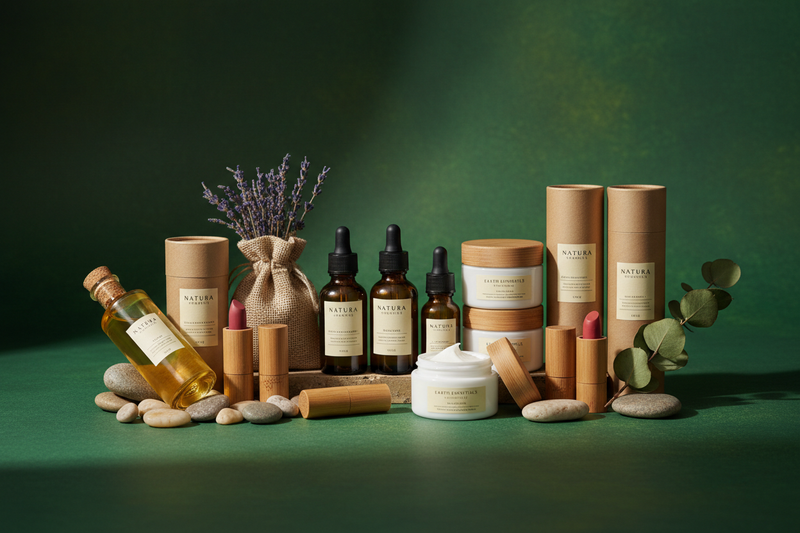 Create a image of natural product ranges in green background 