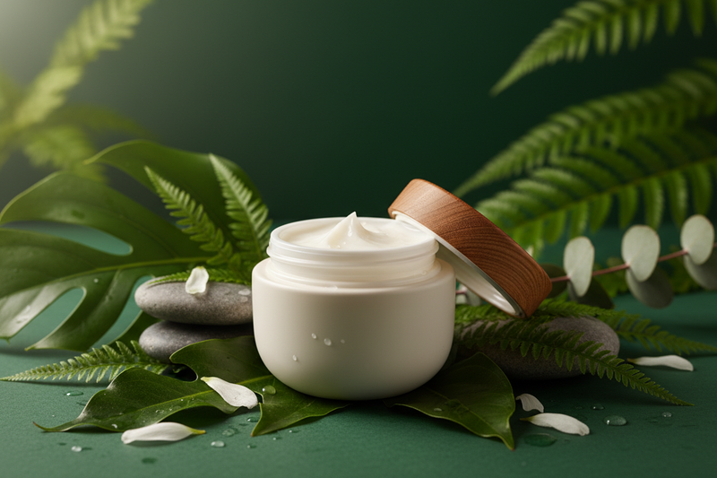 Face cream product, natural product, green background, cream.