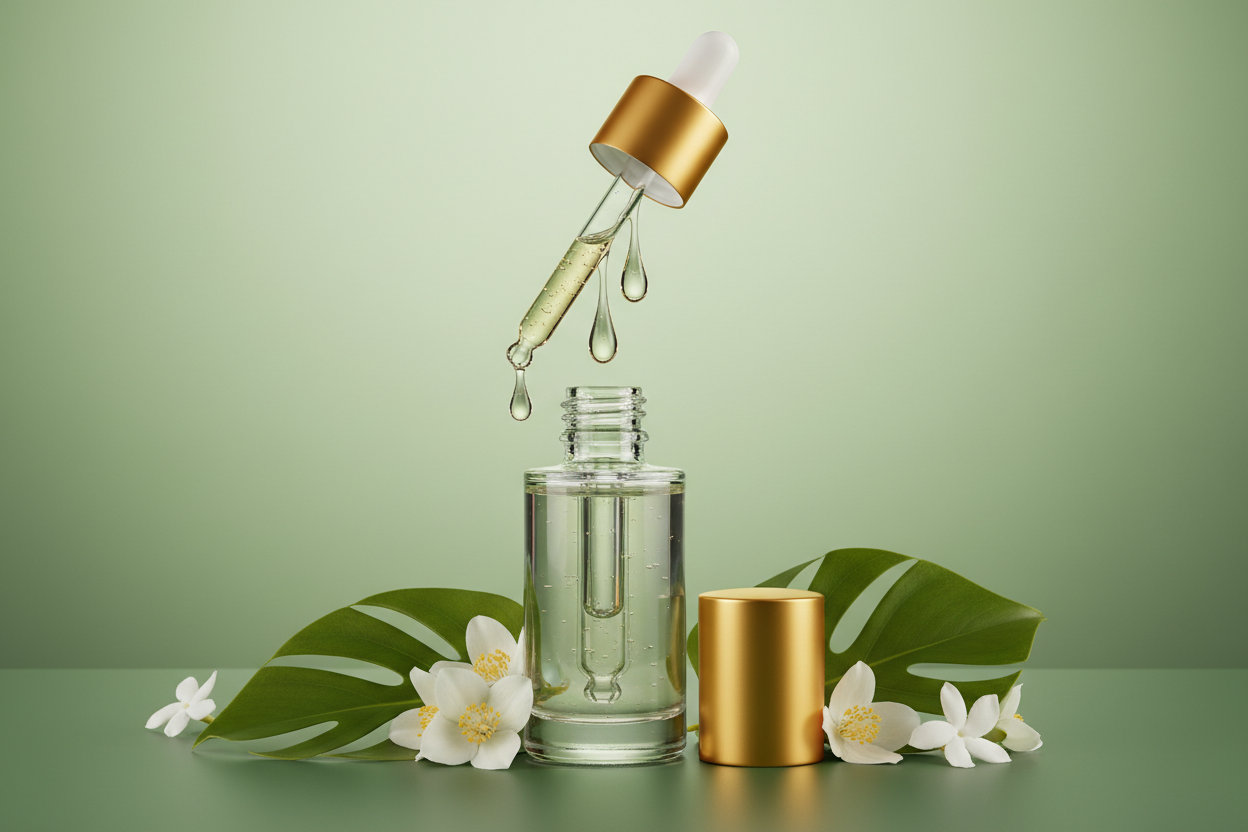 Face serum with natural theme, green background open cap and dropper droping serum drops, product image.