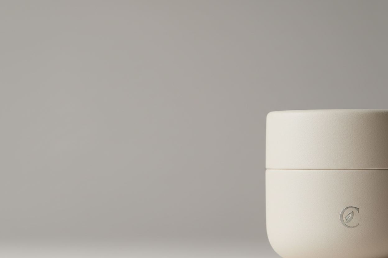 Image of Cream product, in bottom right, half out of the screen with grey background. 