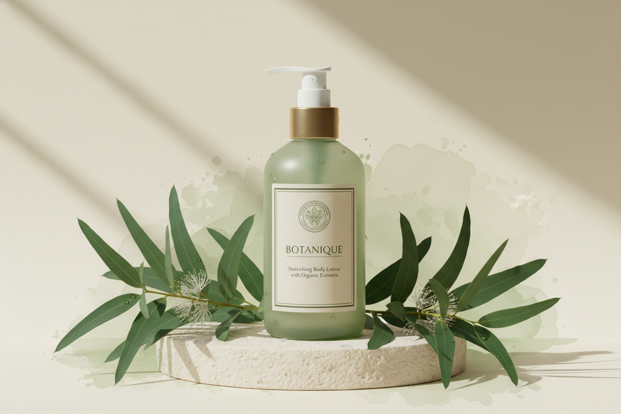 Lotion product image with cream background natural product feel and leaves and green background 